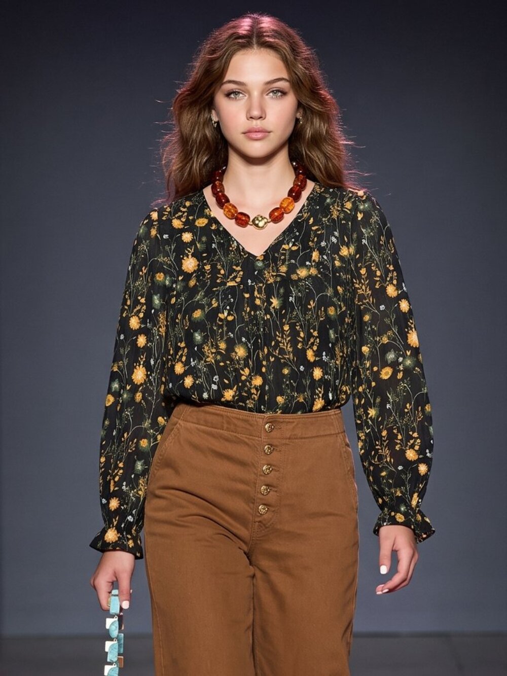 BloomChic Floral Print Long Sleeve Black & Amber Blouse 14-16/1X NWT